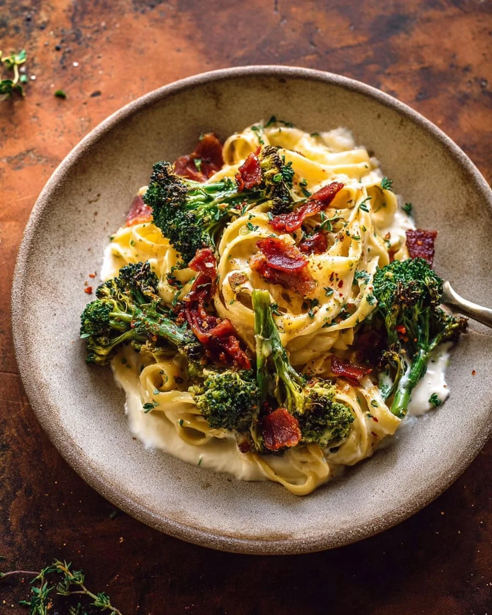 Roasted broccoli pasta carbonara topped with crispy prosciutto and whipped ricotta