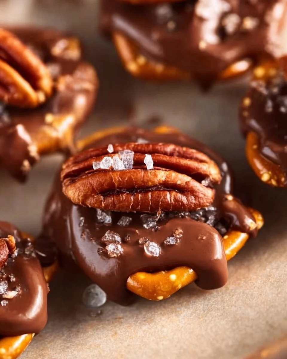Delicious Rolo Pretzel Turtles arranged on a plate, showcasing sweet and salty snacks.