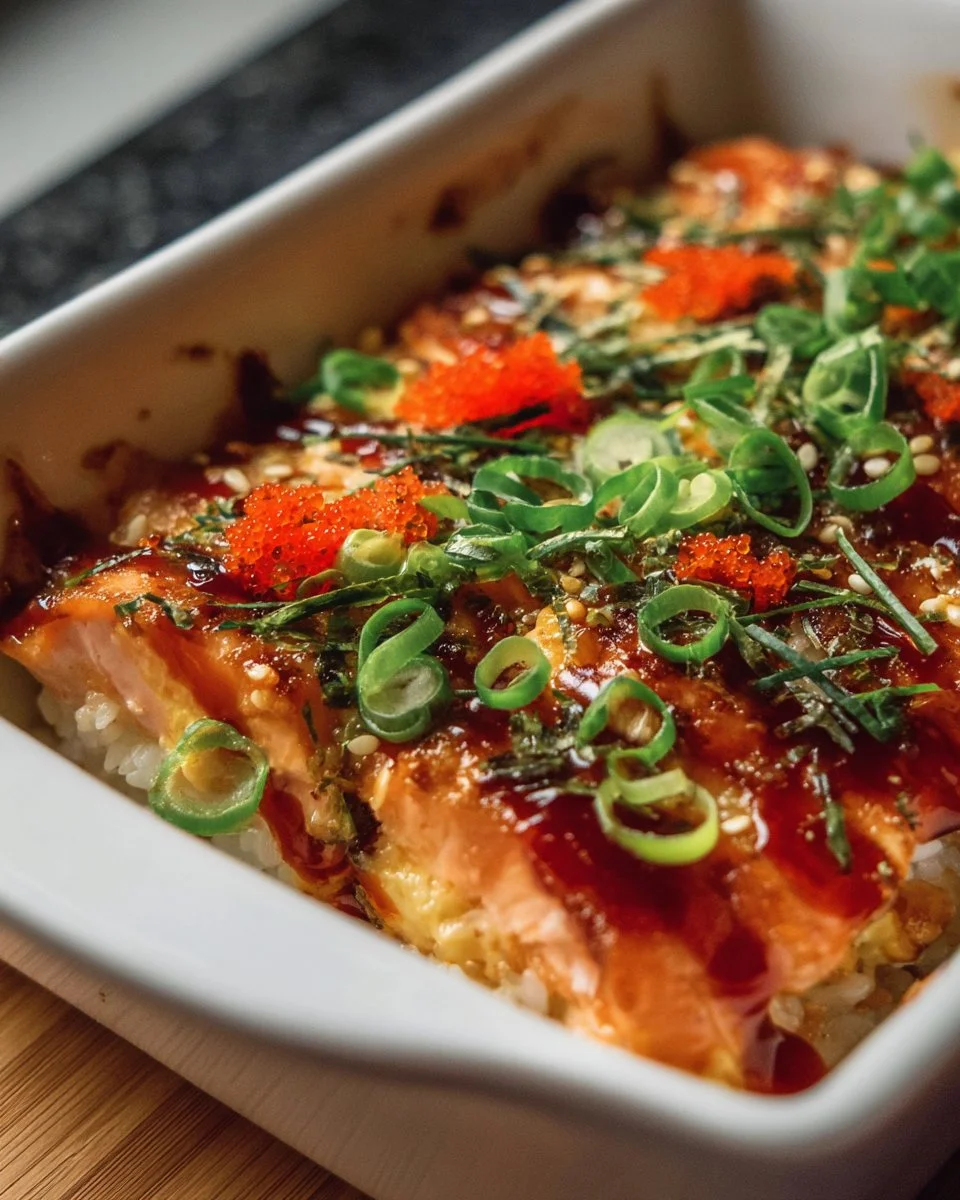 Delicious salmon sushi bake ready to serve, featuring layers of fresh salmon and sushi rice.