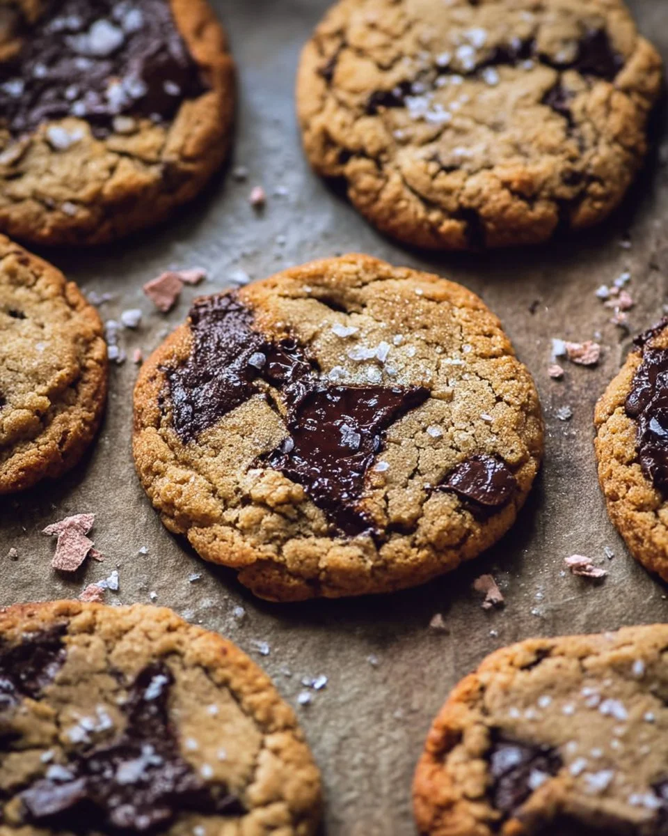 Delicious salted tahini butter chocolate chip cookies on a baking tray