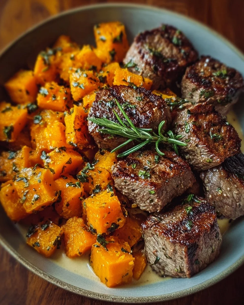 Savory Butternut Squash & Garlic Herb Steak Bowls with vibrant colors and textures