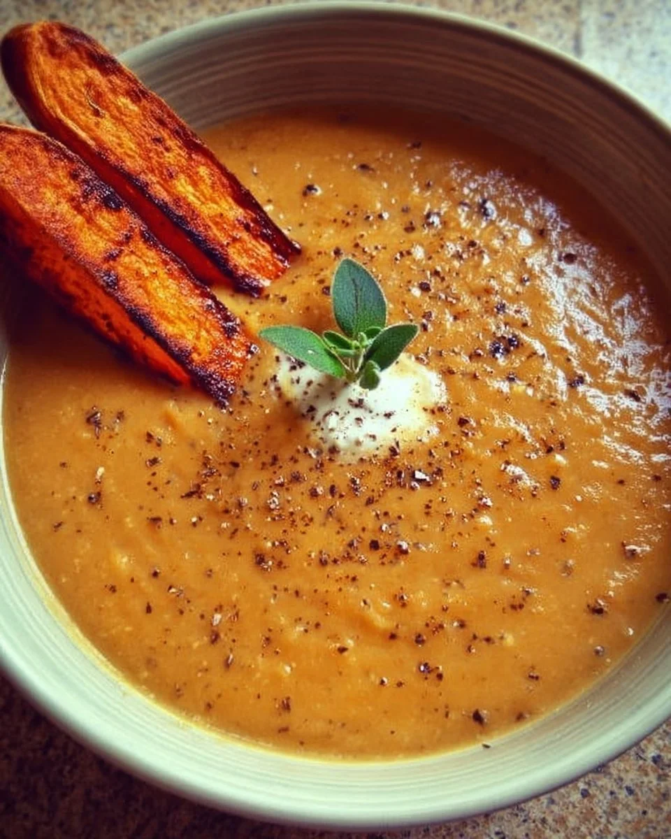 Bowl of savory Italian Sweet Potato Soup garnished with herbs