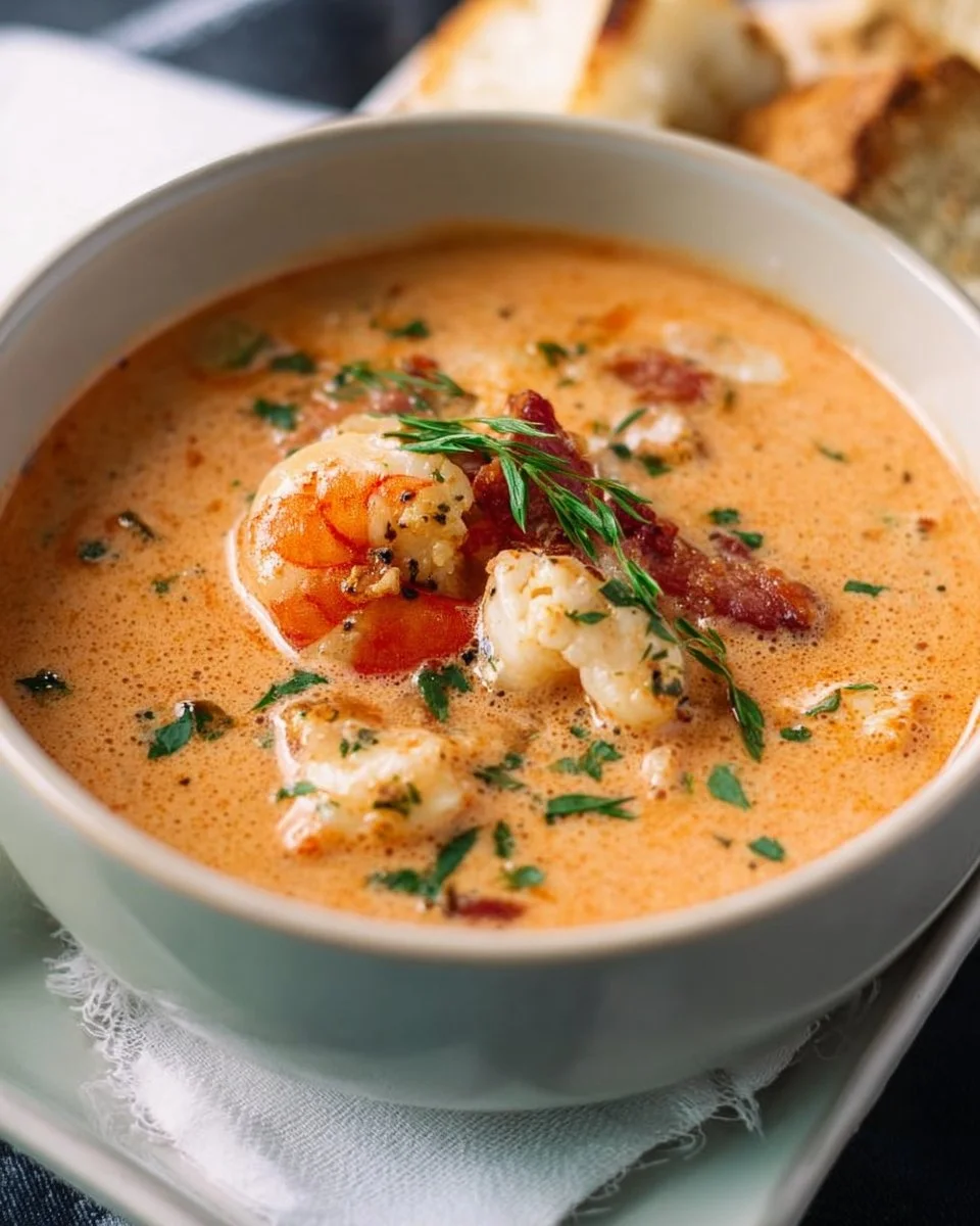 Delicious bowl of creamy seafood bisque garnished with herbs