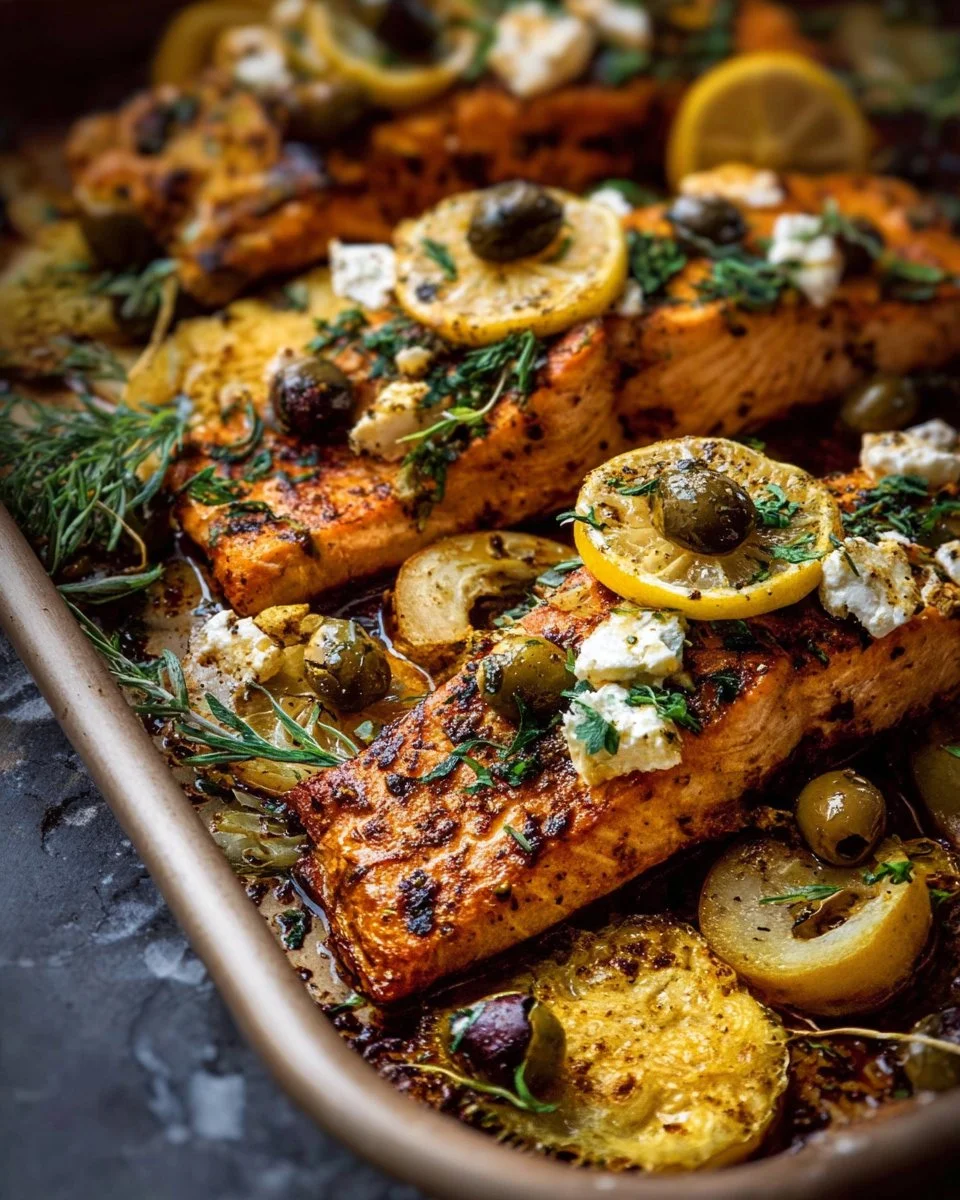 Sheet pan roasted salmon with lemon, garlic butter, feta cheese, and olives