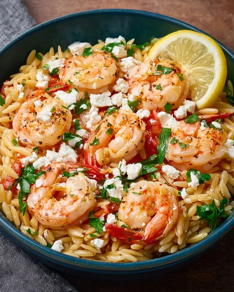 Shrimp Orzo with Lemon & Feta dish, garnished and served on a plate.