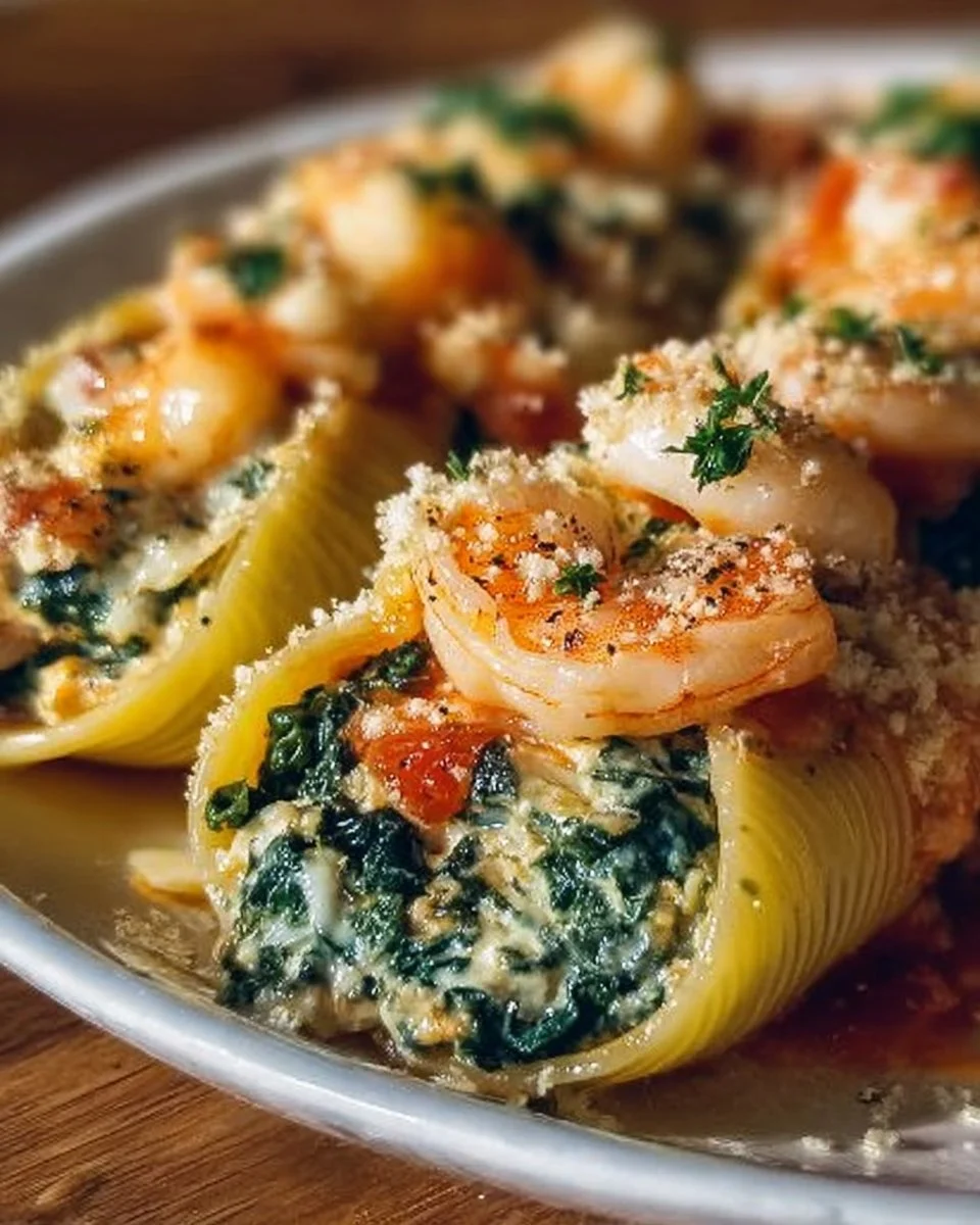 Shrimp spinach stuffed pasta rolls garnished with herbs and sauce