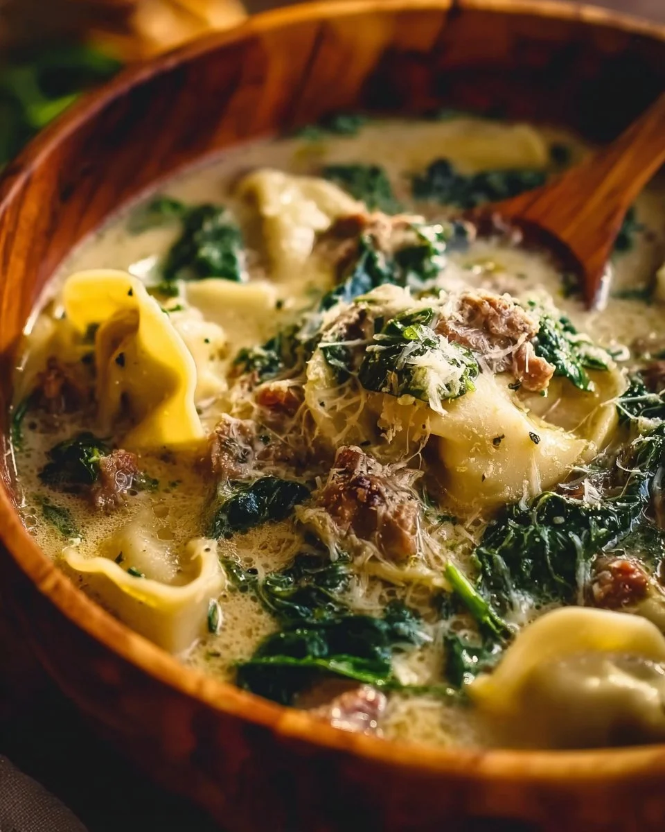 Bowl of creamy Simple Alfredo Lasagna Soup topped with herbs and cheese.