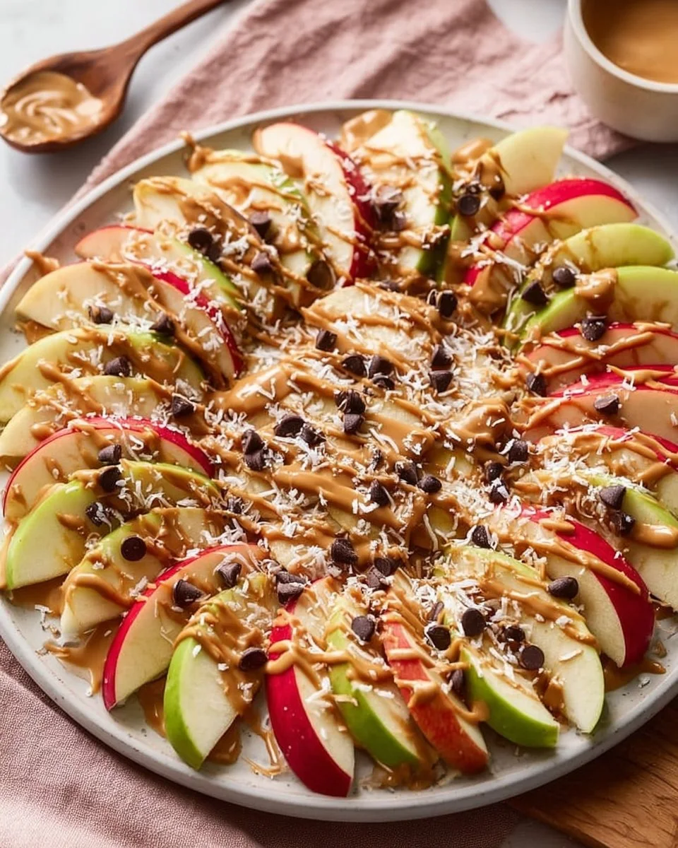 Delicious apple nachos topped with caramel and nuts for a healthy snack.
