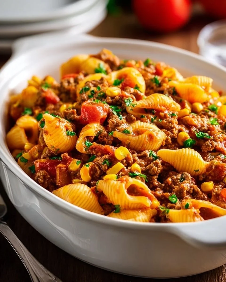 Delicious Simple Crockpot Taco Pasta ready to serve