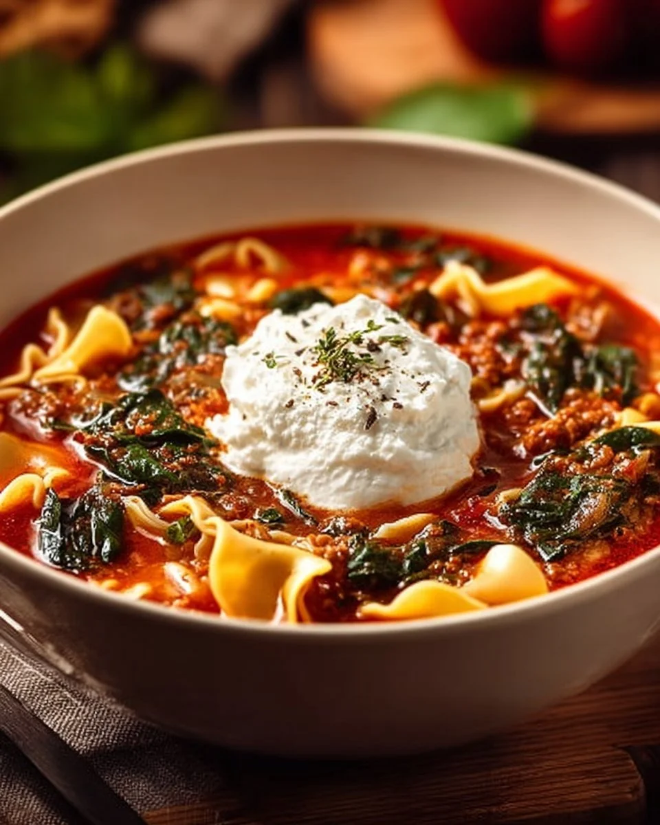 Bowl of simple lasagna soup with cottage cheese and herbs garnished.