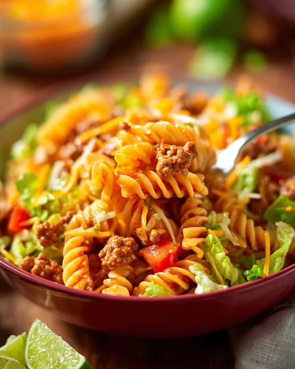 Colorful bowl of simple Taco Pasta Salad with fresh ingredients and toppings.