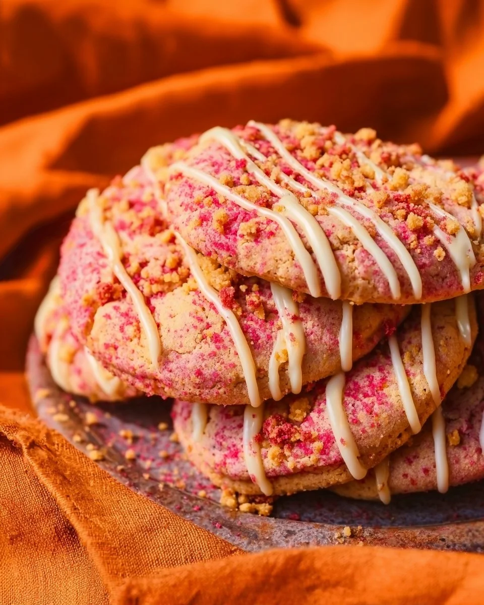 Soft strawberry crunch cake cookies with a delicious strawberry icing topping.