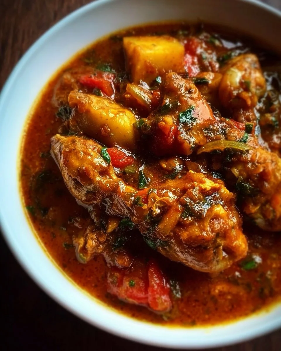 Bowl of spicy Nigerian chicken stew garnished with fresh herbs