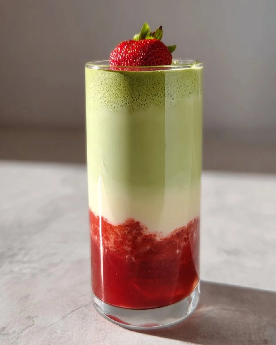 Delicious Strawberry Matcha Latte in a glass topped with fresh strawberries and matcha powder