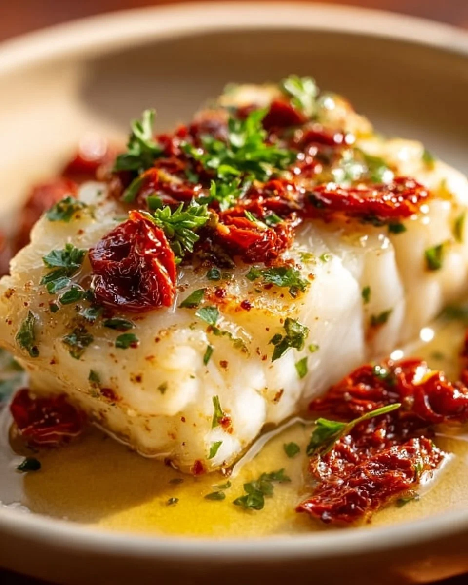 Sundried Tomato Mediterranean Baked Halibut dish served with fresh herbs