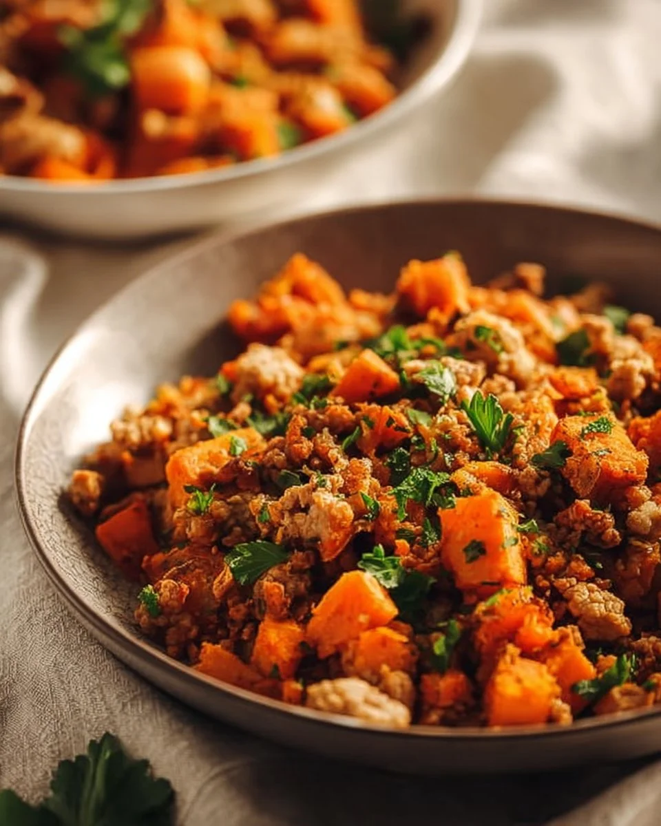 Sweet Potato Ground Turkey Breakfast Hash served in a bowl with herbs.