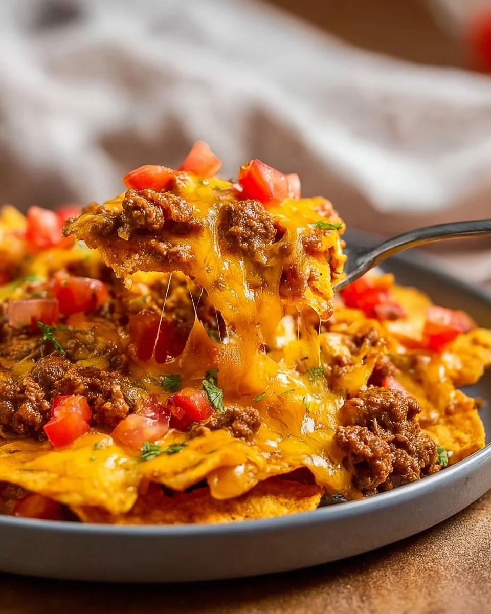 Delicious Doritos Taco Casserole with Ground Beef topped with cheese