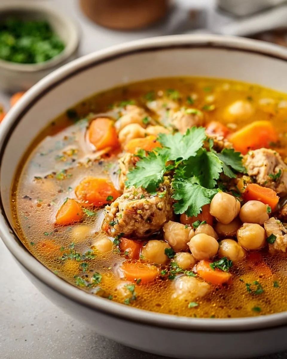 Bowl of ground turkey and garbanzo soup steaming hot on a rustic table