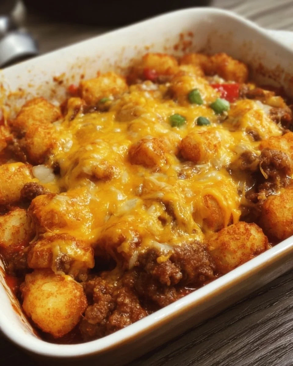 Ultimate Chili Cheese Tater Tot Casserole topped with gooey cheese and savory chili.