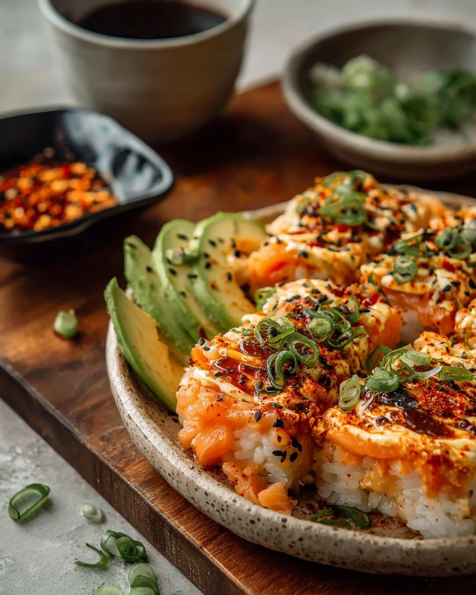 A delicious salmon sushi bake topped with avocado and green onions, served on a decorative plate.