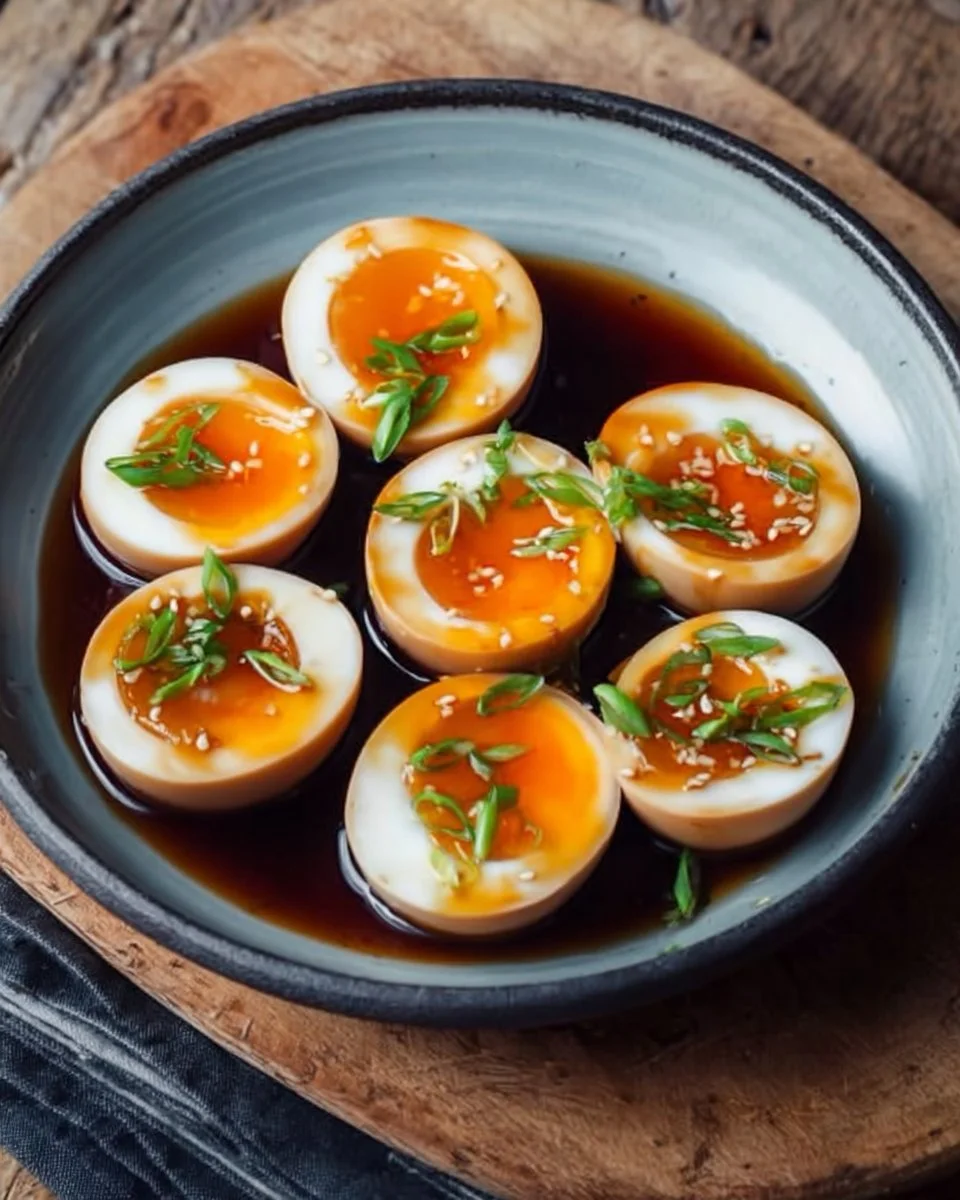 Delicious soy sauce eggs recipe served on a plate with garnish