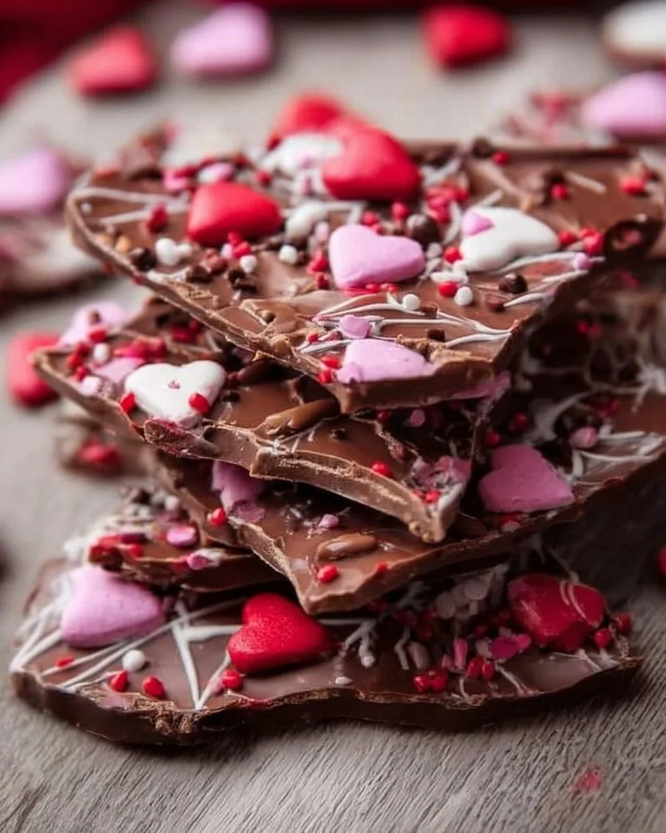 Heart-shaped Valentine's Day chocolate bark with colorful sprinkles.