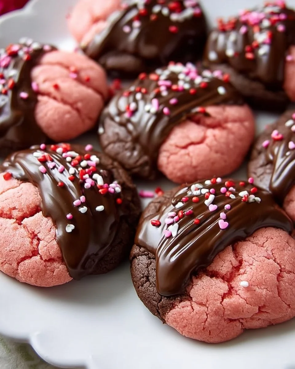 Valentine's Day chocolate covered strawberry cookies on a decorative plate.