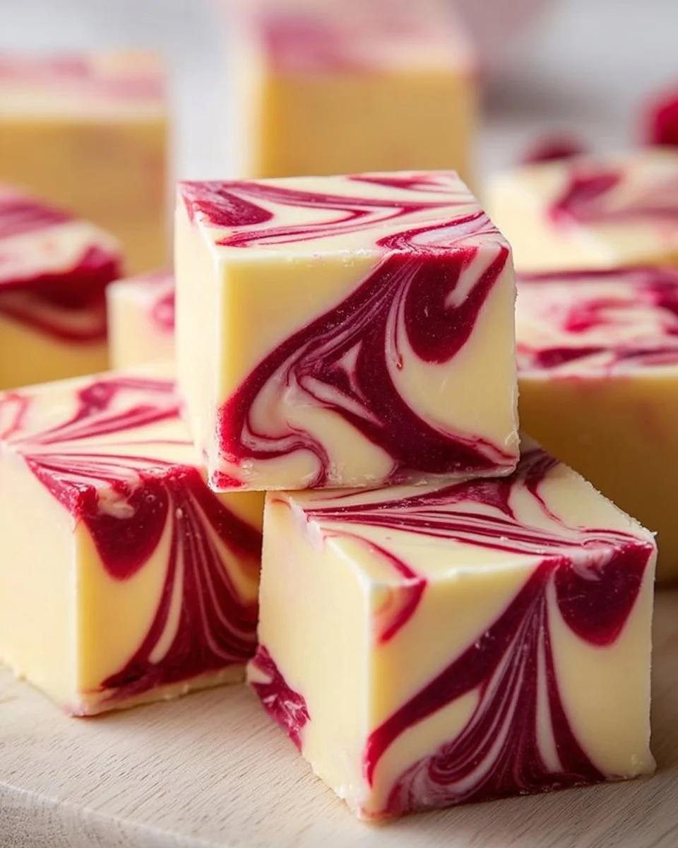 Delicious homemade white chocolate raspberry fudge in a decorative setting