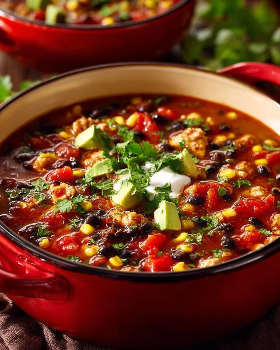 Bowl of zesty Turkey Black Bean Soup with ground turkey and black beans