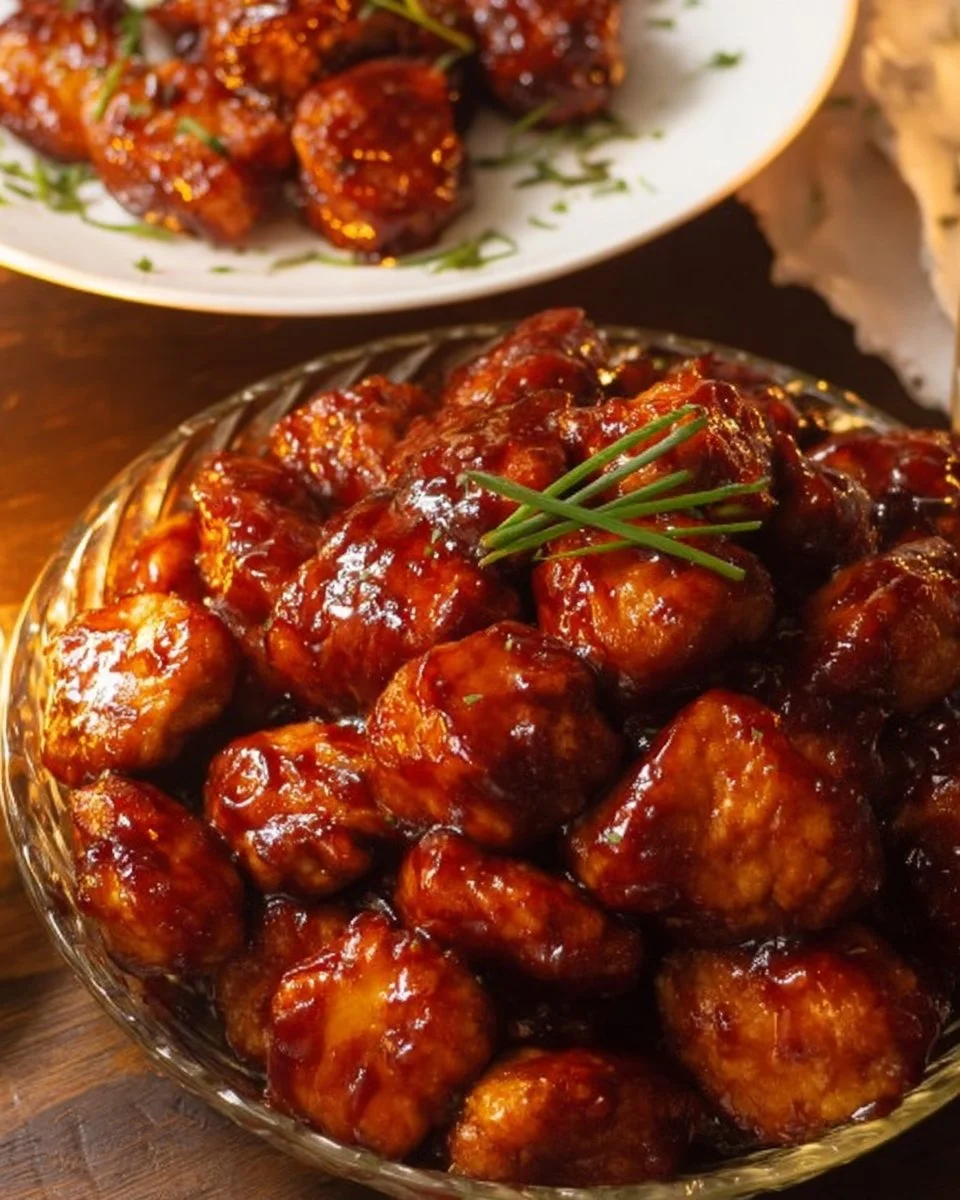 Baked Honey BBQ Popcorn Chicken served on a platter with dipping sauce