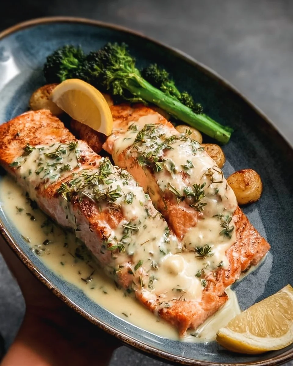 Baked salmon fillet drizzled with lemon sauce on a plate.