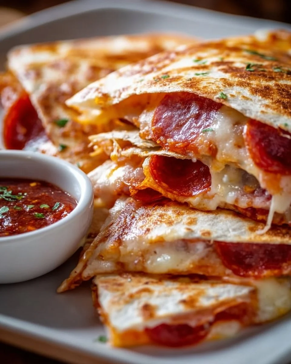 Beef Pepperoni Pizza Quesadillas with melted cheese and pepperoni slices