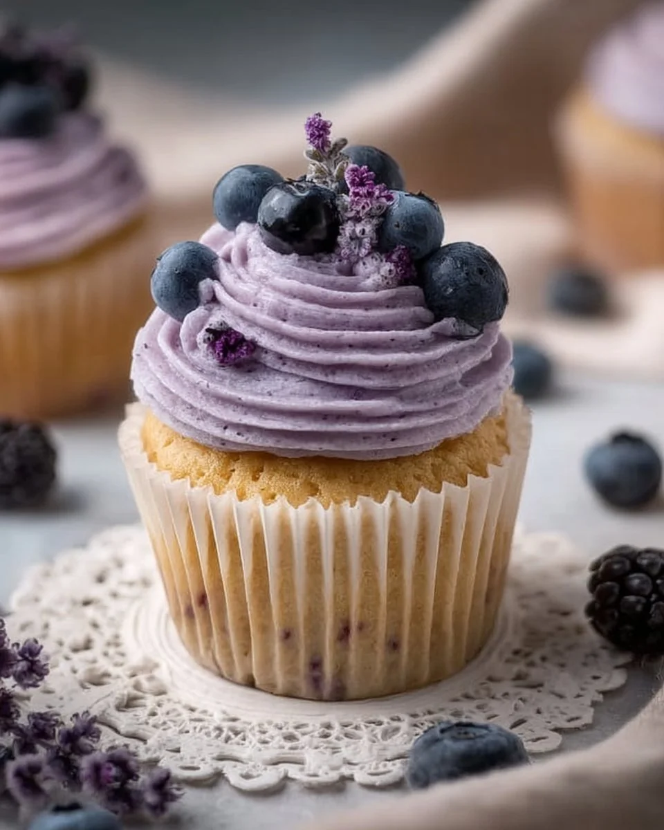 Delicious blueberry lavender cupcakes topped with lavender icing and blueberries.