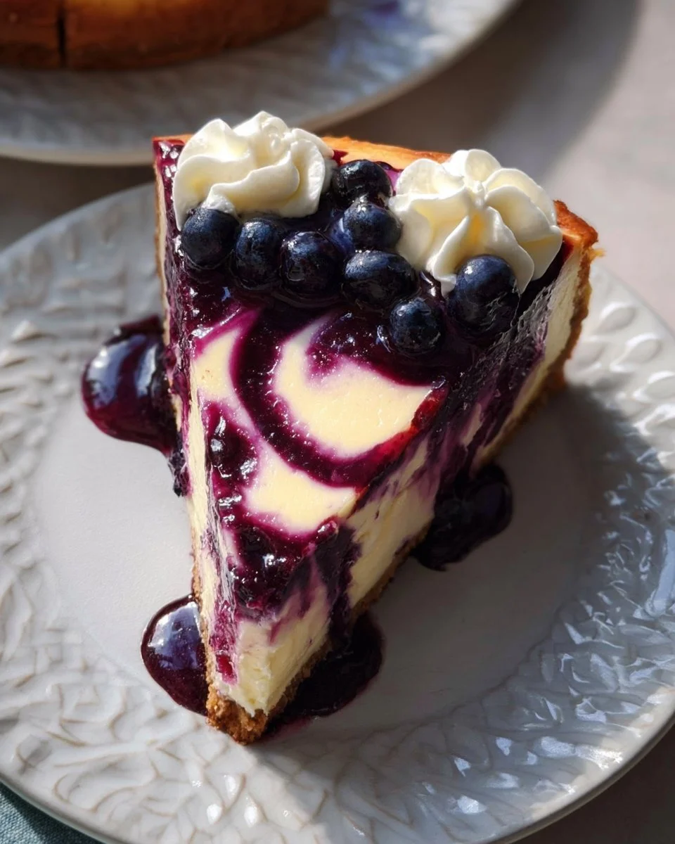 Blueberry swirl cheesecake topped with fresh blueberries and creamy layers.