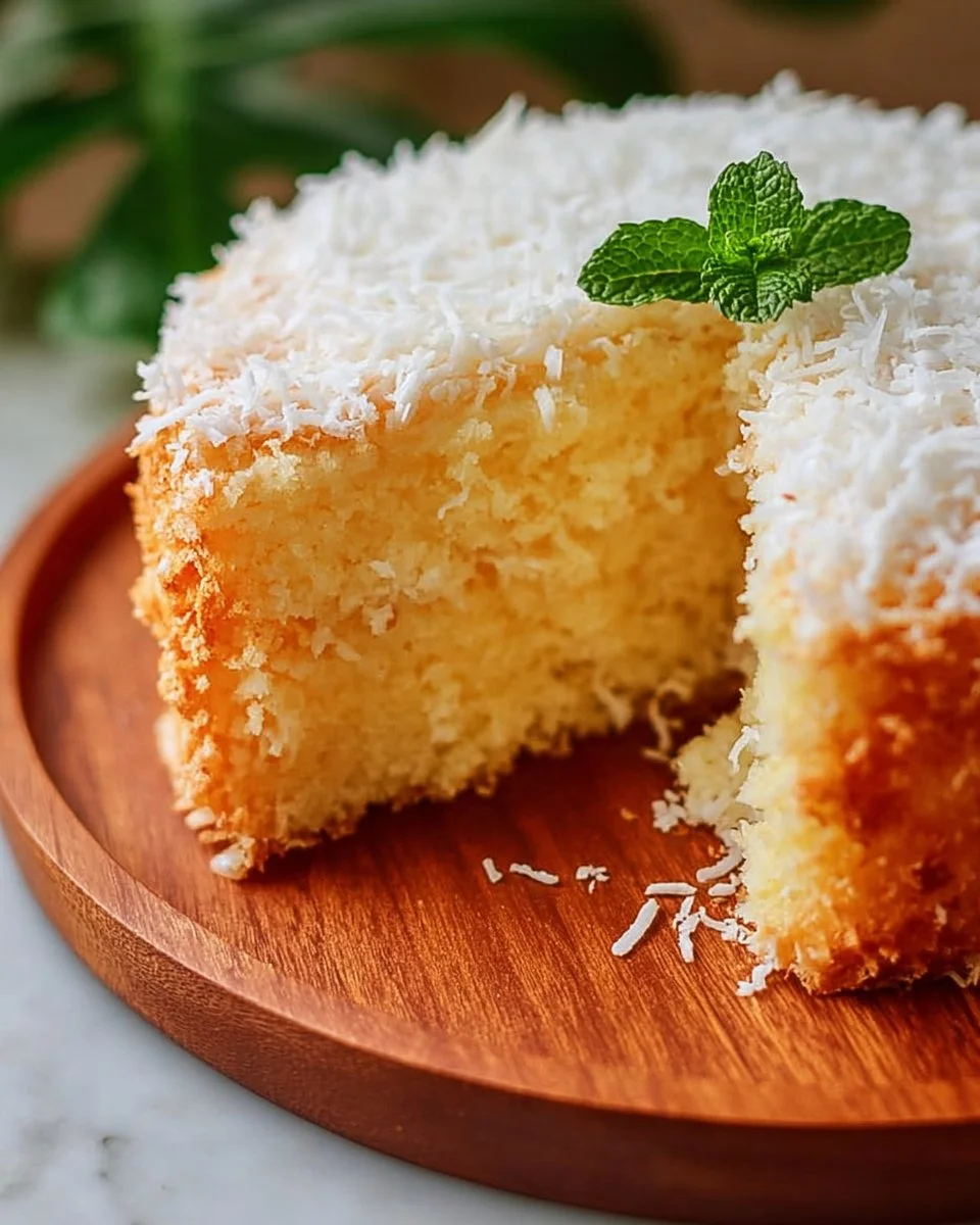 Slice of Brazilian Coconut Cake topped with coconut flakes