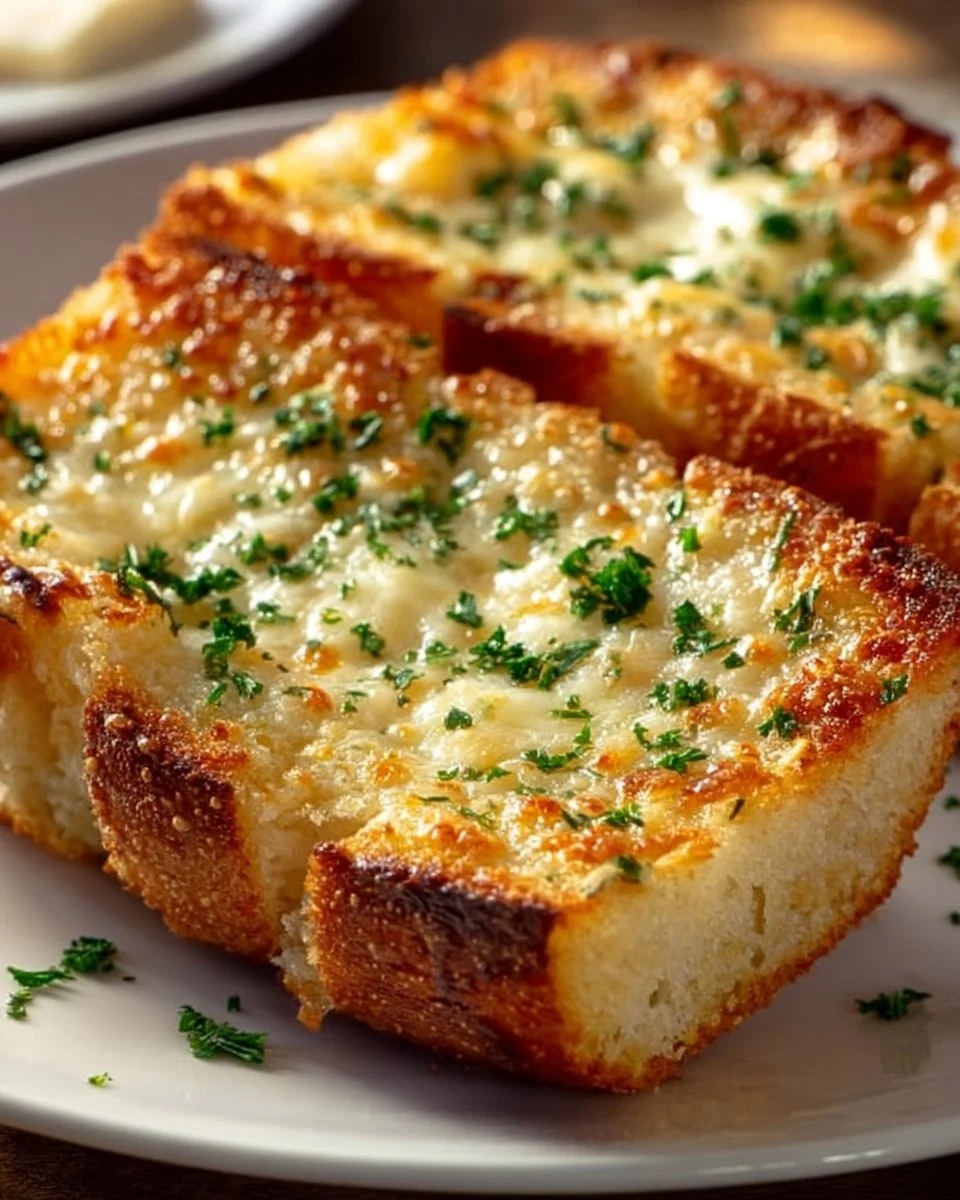 Delicious cheesy garlic bread with melted cheese and garlic flavor.