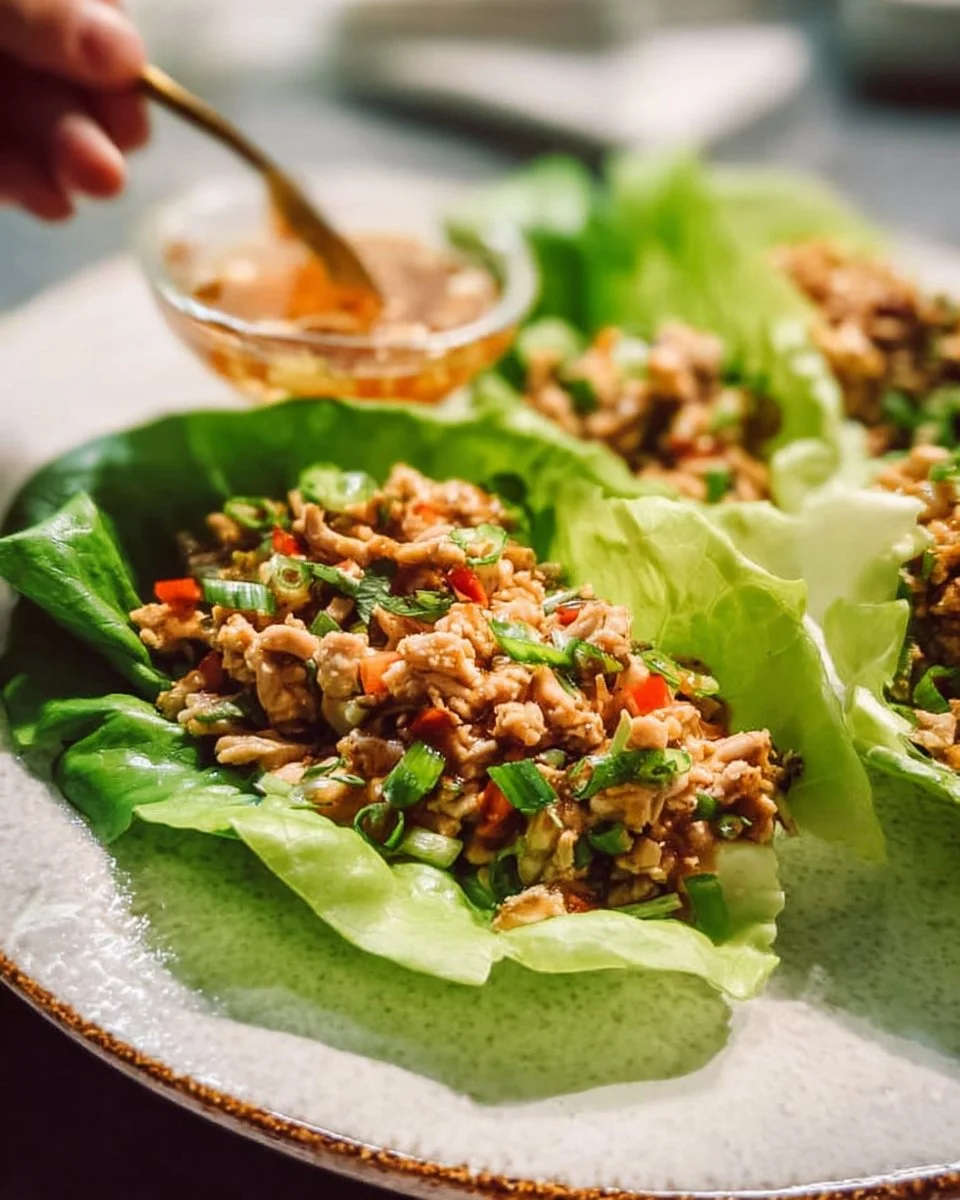 Plate of flavorful Chicken Lettuce Wraps served with dipping sauce