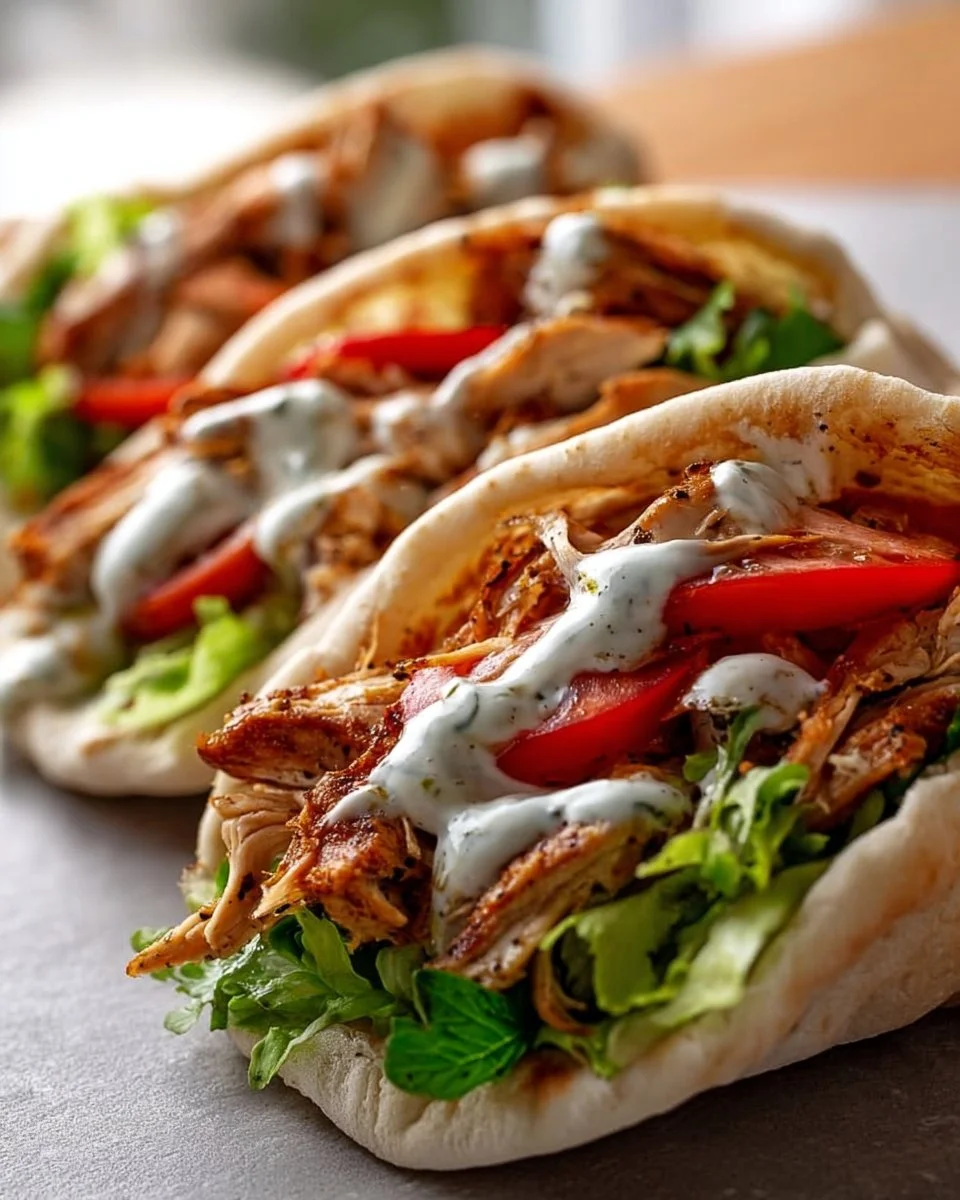 Delicious Chicken Shawarma served in warm pita bread, garnished with fresh toppings.