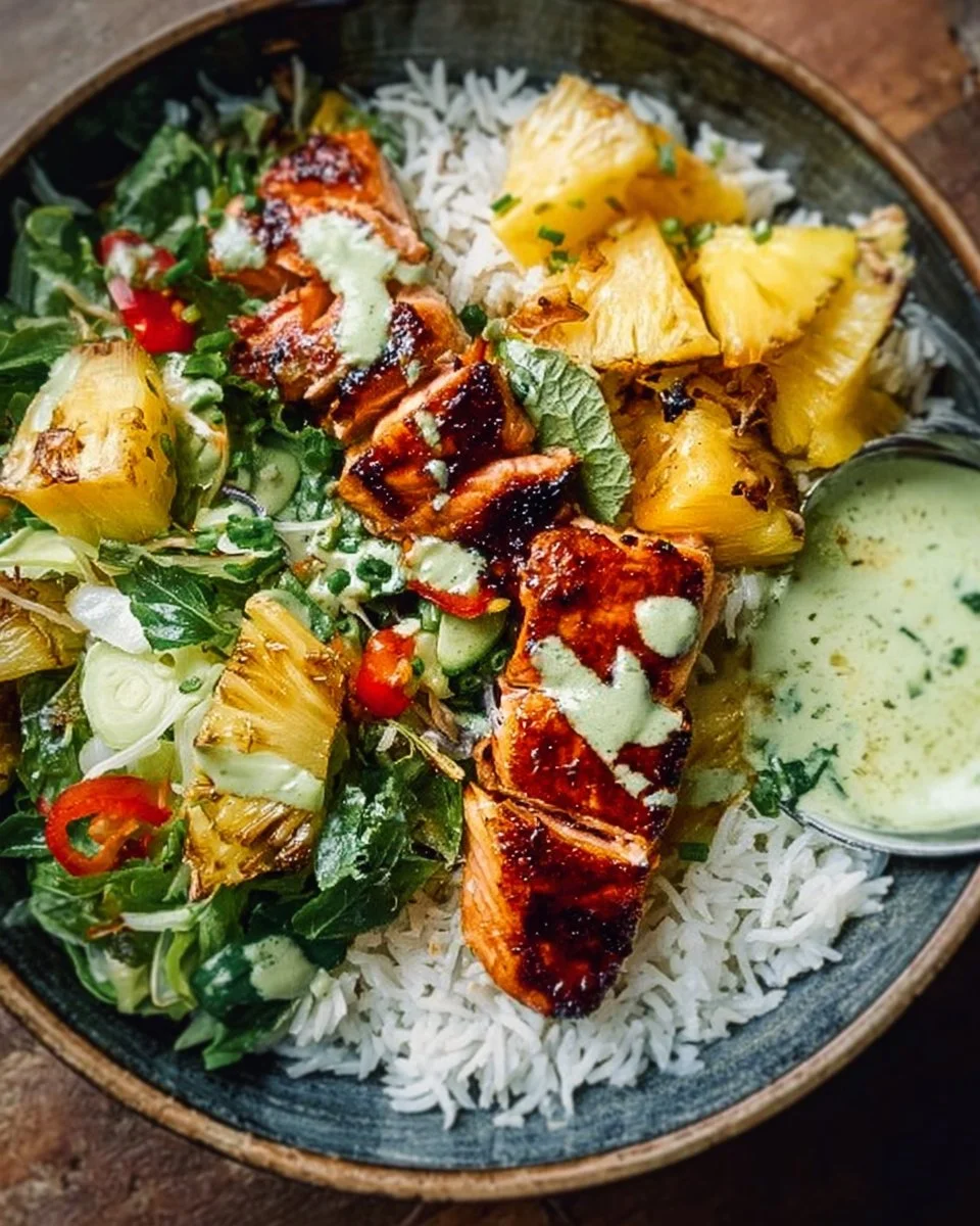 Chipotle Teriyaki Pineapple Salmon Bowl garnished with fresh ingredients