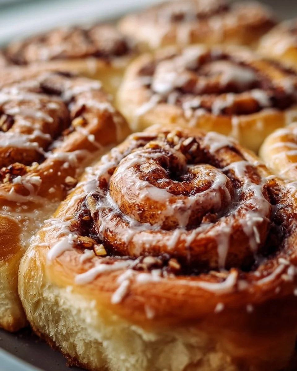 Freshly baked cinnamon buns with icing on top, ready to be enjoyed.