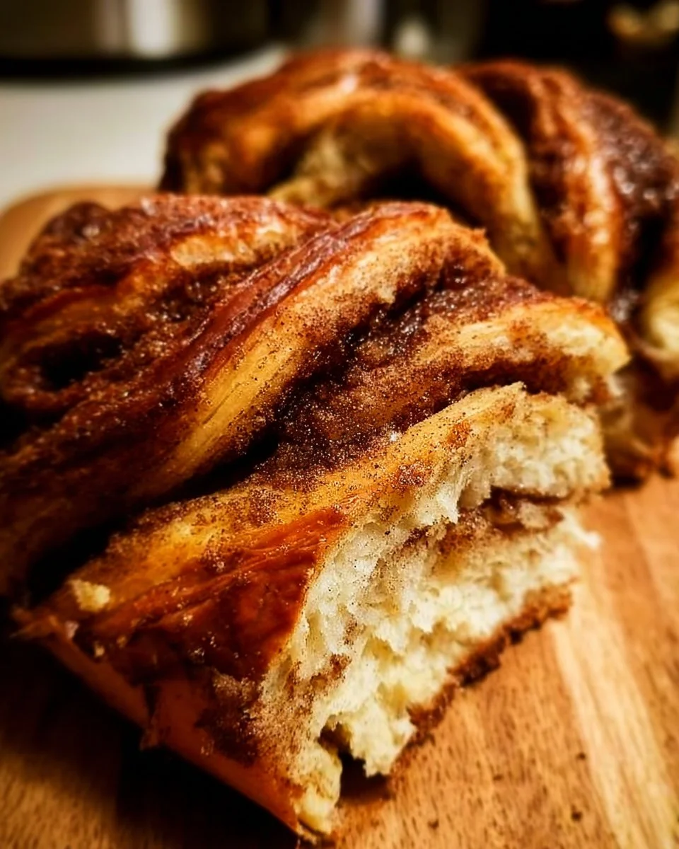 Freshly baked cinnamon twisted bread with a golden crust and sweet aroma