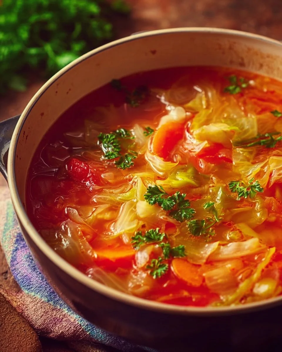 A bowl of classic cabbage soup garnished with herbs and vegetables