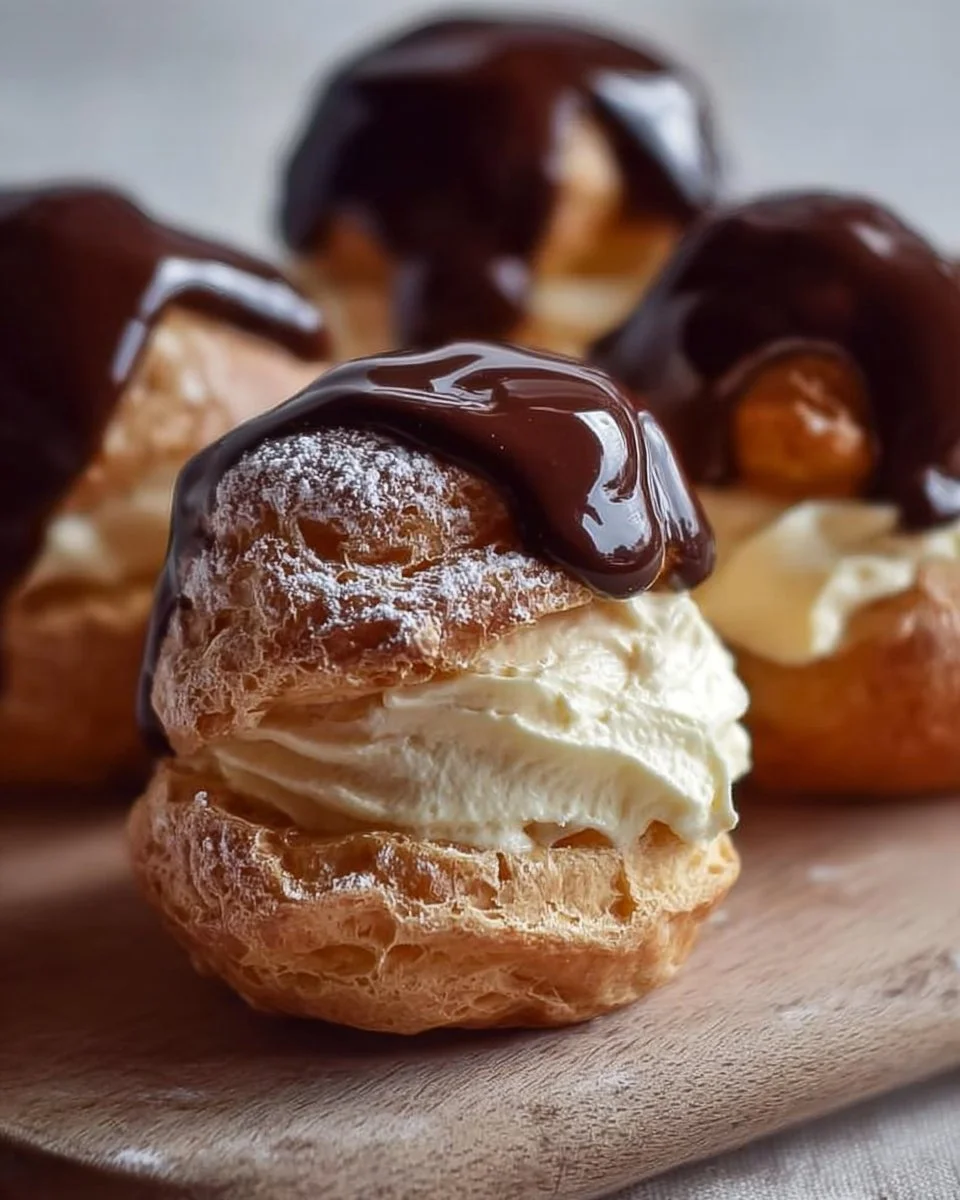 Delicious classic choux pastry profiteroles filled with cream and topped with chocolate.