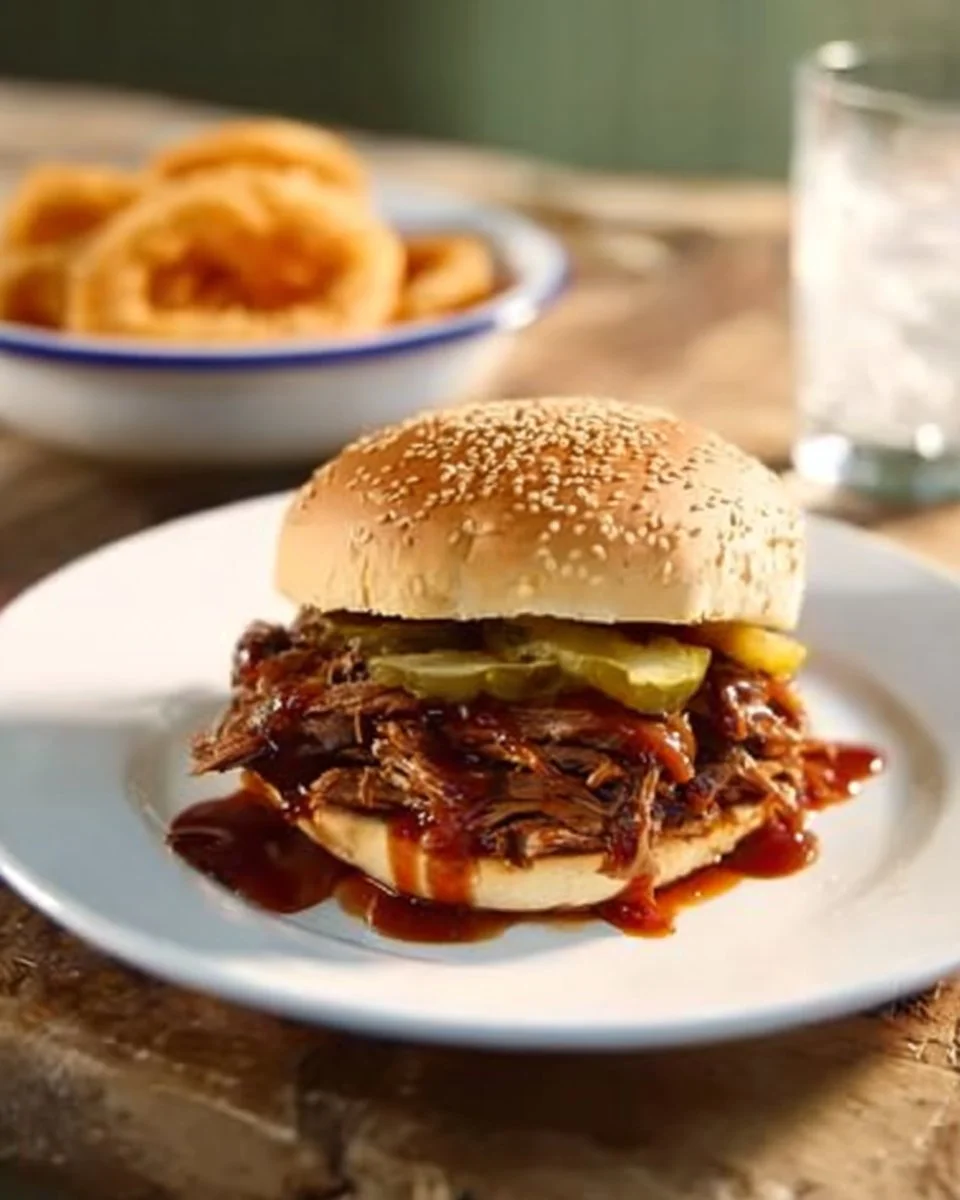 Delicious Country Sloppy Joes topped with fried onions served on a plate.