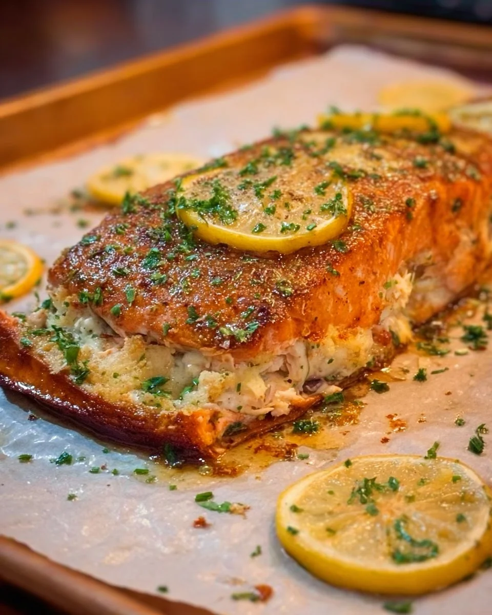 Delicious crab-stuffed salmon with a honey-lemon glaze on a plate