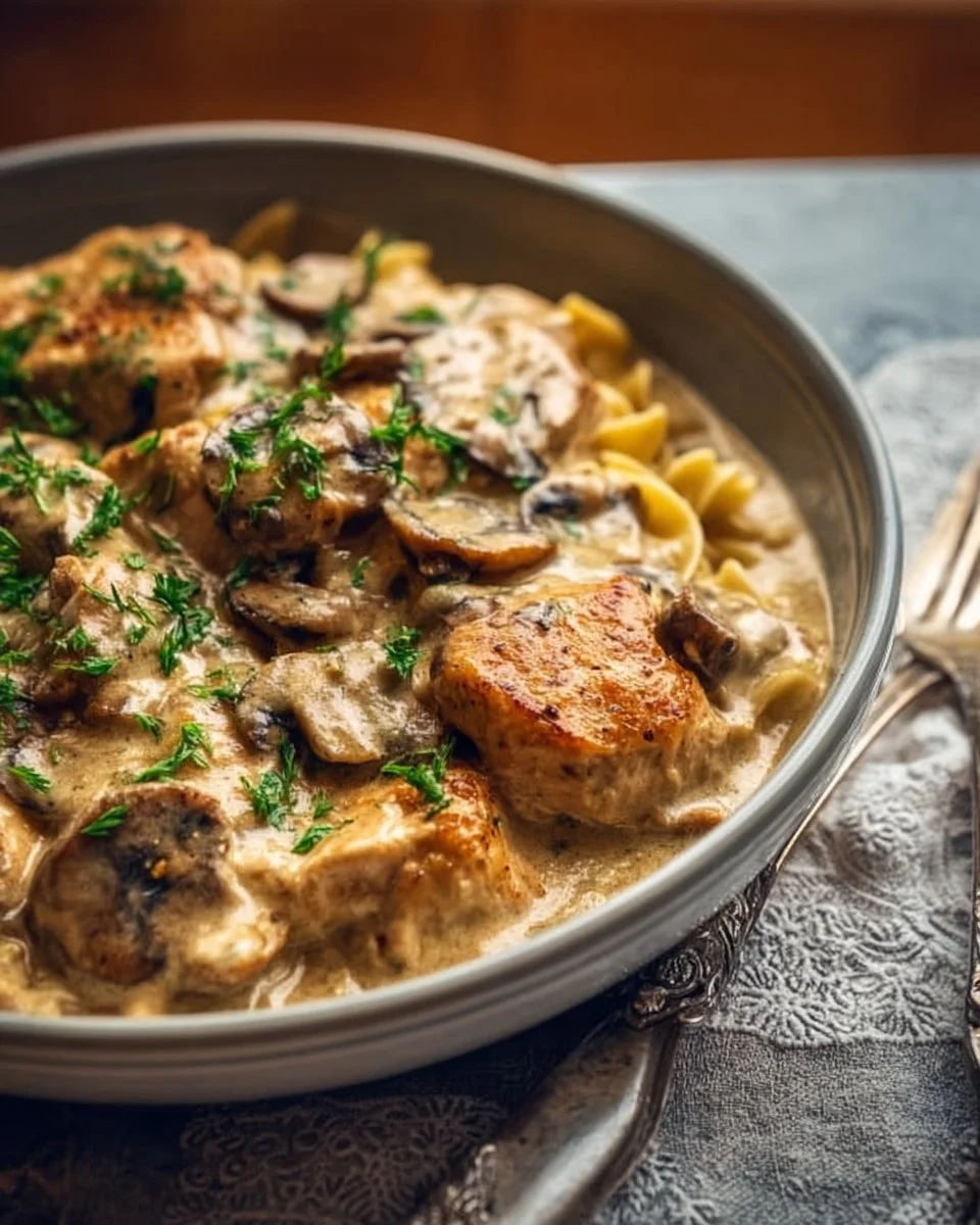 Creamy Chicken Stroganoff served with pasta and mushrooms