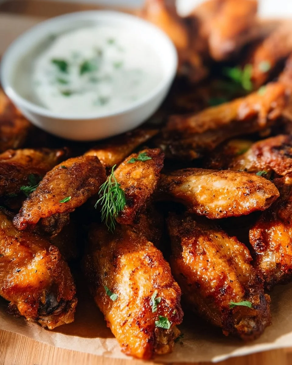 Crispy baked chicken wings served with dipping sauce on a platter.