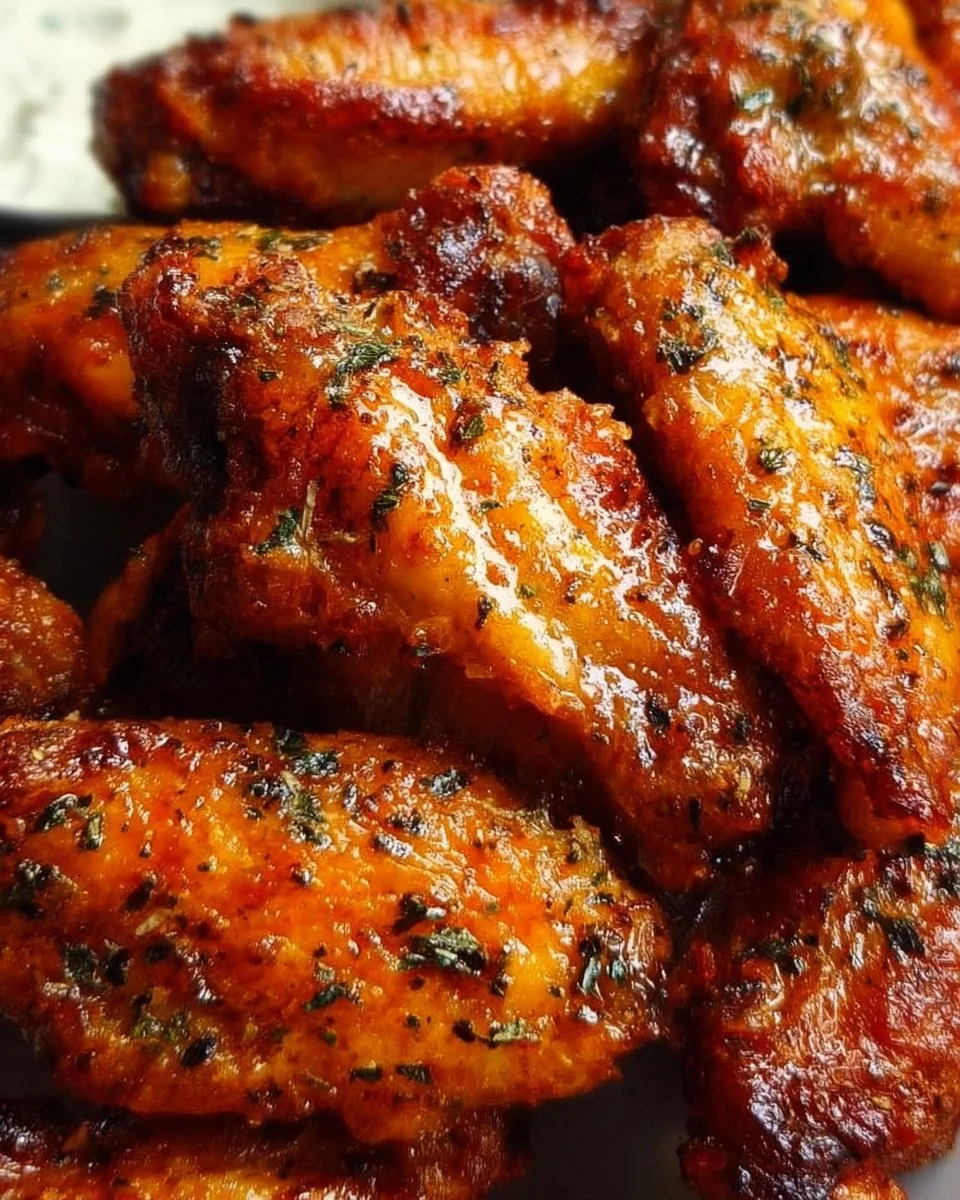 Plate of crispy oven baked chicken wings garnished with herbs