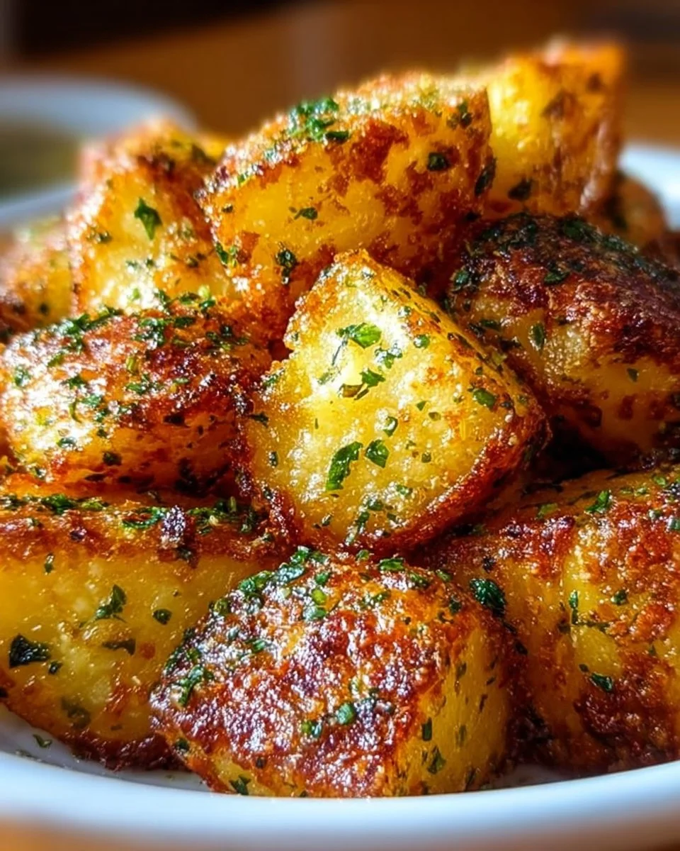 Plate of crispy Parmesan potatoes, golden and deliciously seasoned.