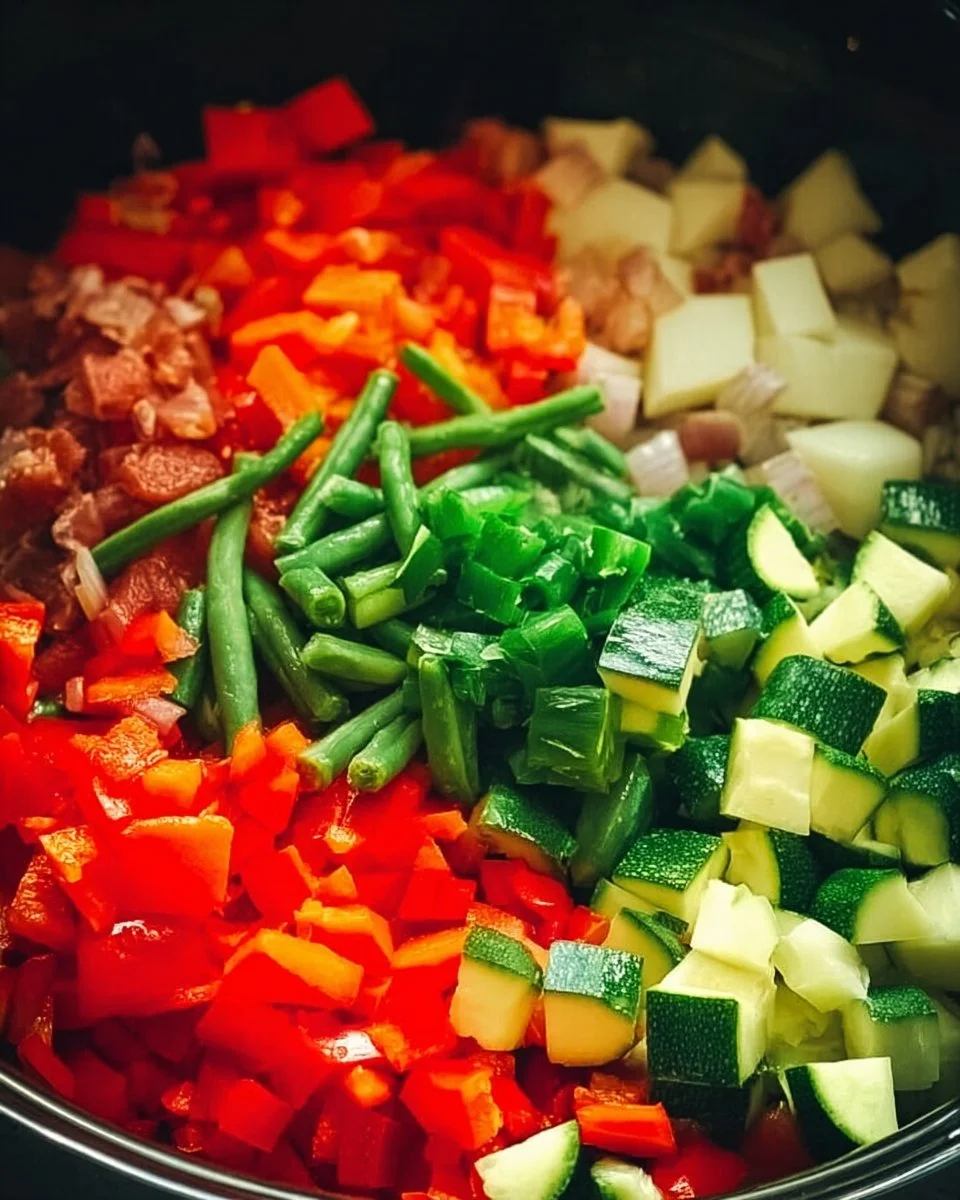 Crockpot Summer Vegetable Soup with colorful fresh vegetables in a bowl
